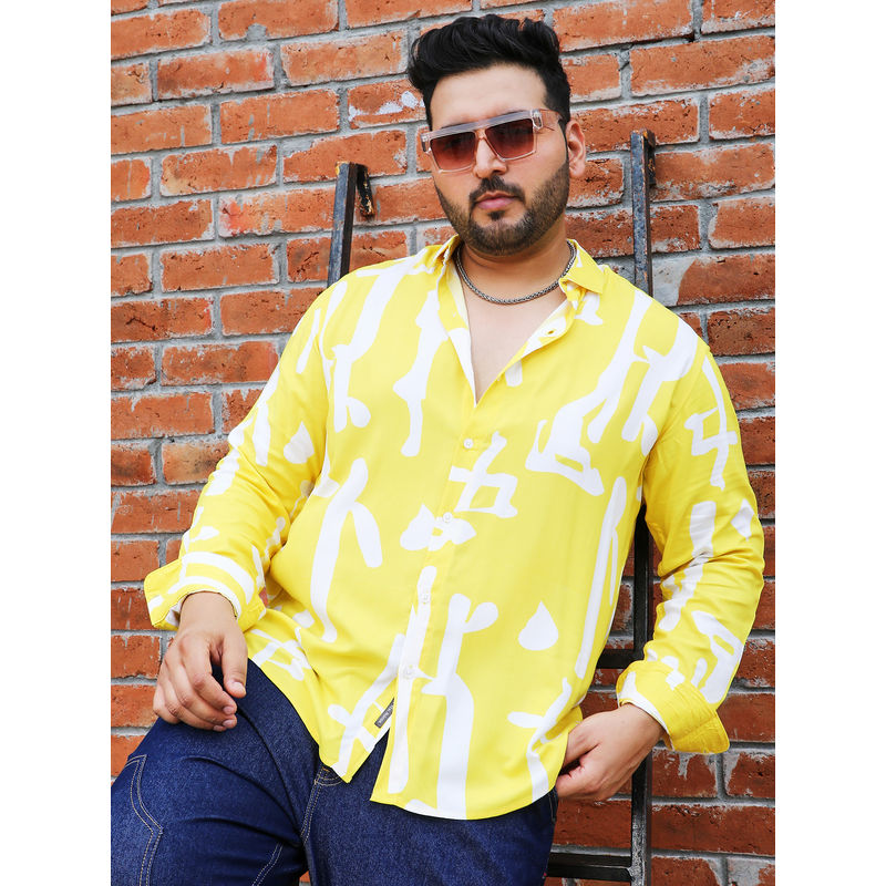 Instafab Plus Mens Lemon Yellow Abstract Print Shirt (3XL)