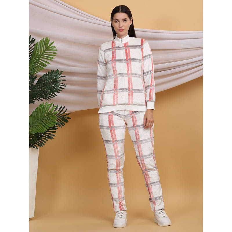 Sweet Dreams Women Checks White Jacket & Pyjama (Set of 2) (L)