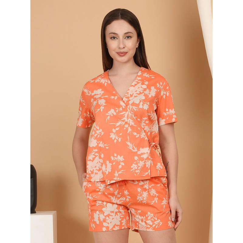Sweet Dreams Women Orange Floral Printed Top & Shorts (Set of 2) (S)