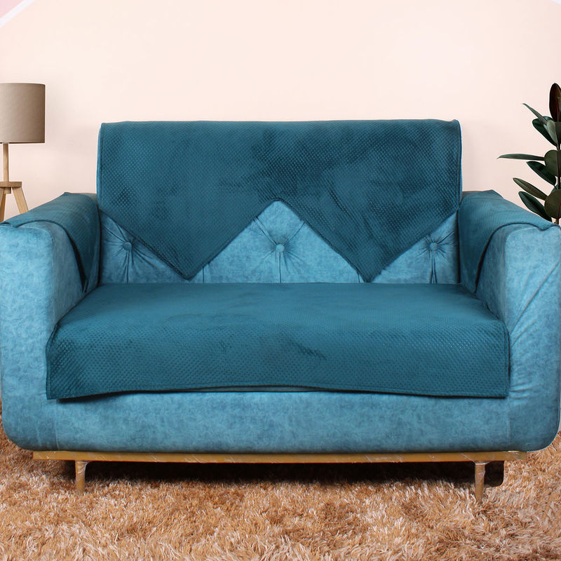 Buy STITCHNEST 2 Seater Quilted Velvet Sofa Cover Protector, Castleton Teal Online