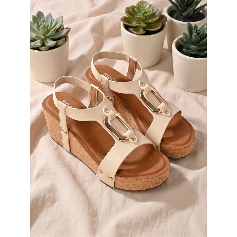 ROCIA Cream Women Buckled Wedges Heels (EURO 38)