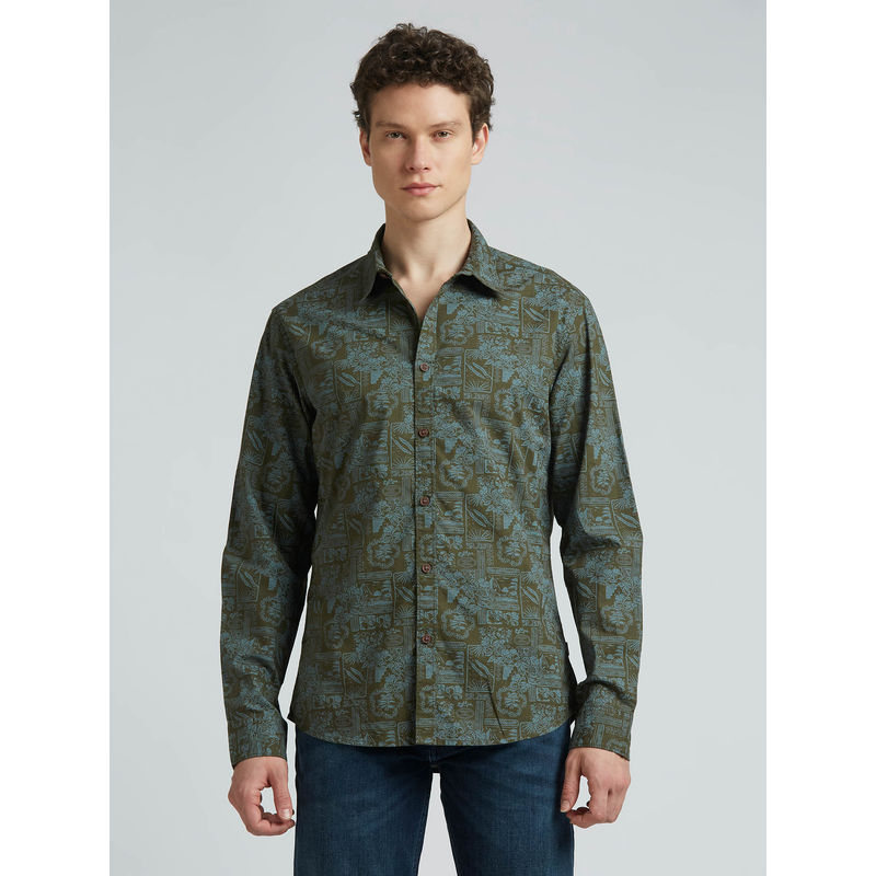 Pepe Jeans Olive Botanical Print Full Sleeved Shirt (2XL)