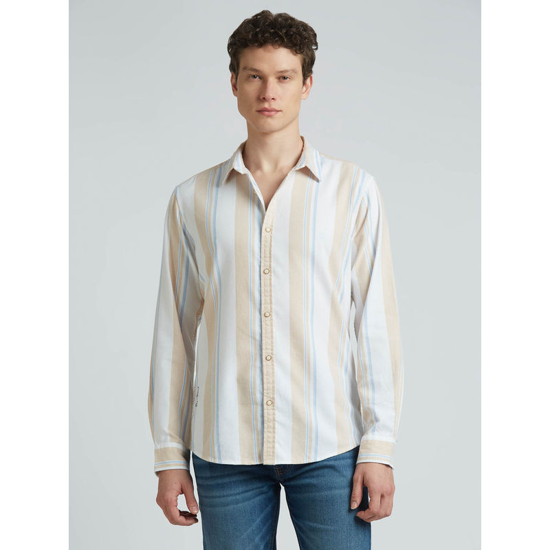 Pepe Jeans Beige Stripes Full Sleeve Shirt (M)