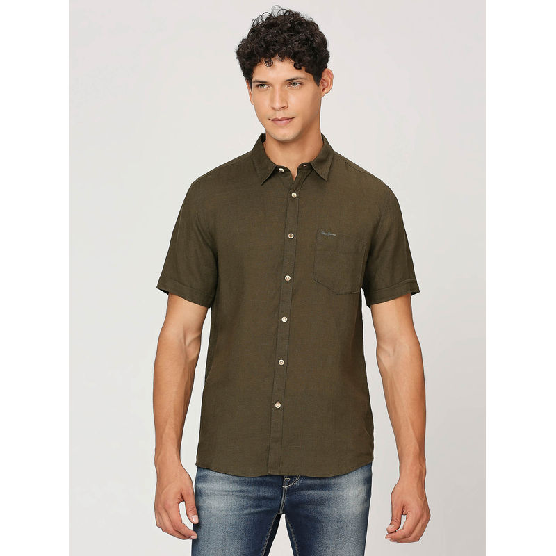 Pepe Jeans Olive Short Sleeve Pure Linen Shirt (S)