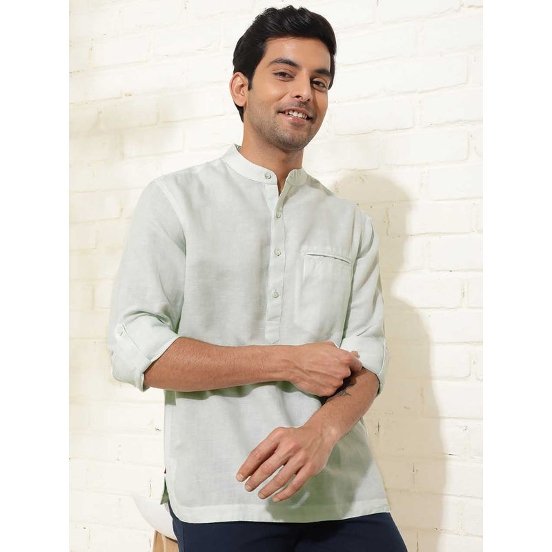 Fabindia Green Linen Blend Slim Fit Mid Placket Shirt (M)