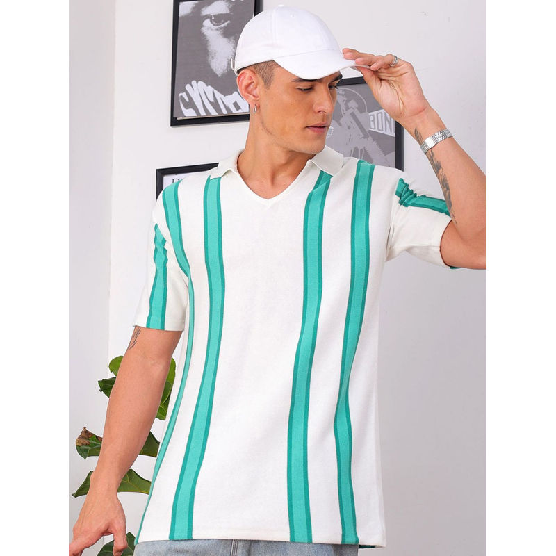 The Indian Garage Co Men Relaxed Fit White Striped Half Sleeves Johnny Polo T-Shirt (S)