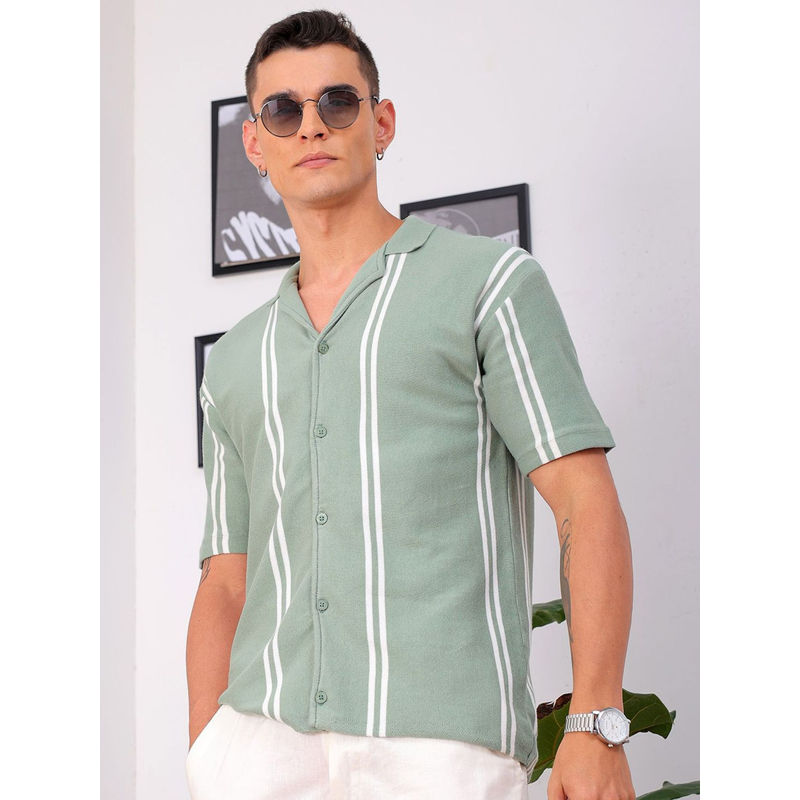 The Indian Garage Co Men Relaxed Fit Olive Striped Half Sleeves Cuban Collar Shirt (L)