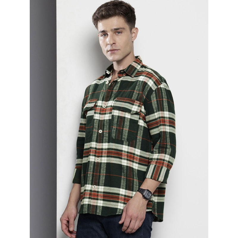 The Indian Garage Co Men Regular Fit Green Checked Full Sleeves Cutaway Collar Overshirt (L)