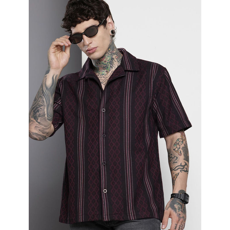 The Indian Garage Co Men Relaxed Fit Maroon Striped Half Sleeves Cuban Collar Shirt (L)