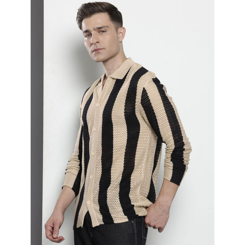 The Indian Garage Co Men Relaxed Fit Beige Striped Full Sleeves Regular Collar Casual Shirt (L)