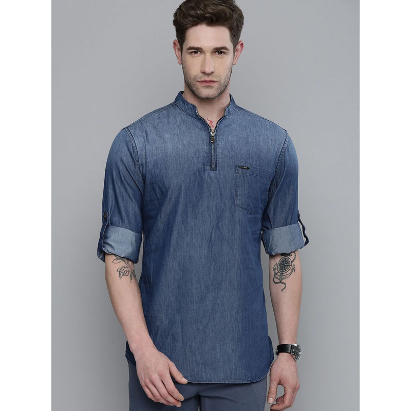 The Indian Garage Co Men Slim Fit Navy Blue Solid Full Sleeves Mandarin Collar Denim Shirt (S)