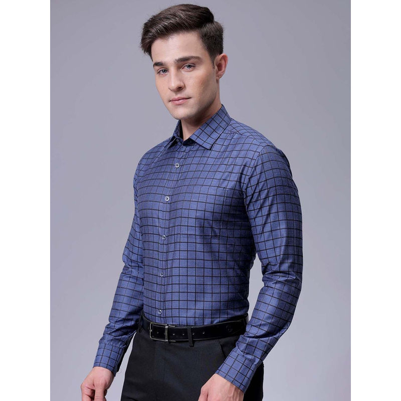 The Indian Garage Co Men Slim Fit Navy Blue Checkered Full Sleeves Formal Shirt (S)