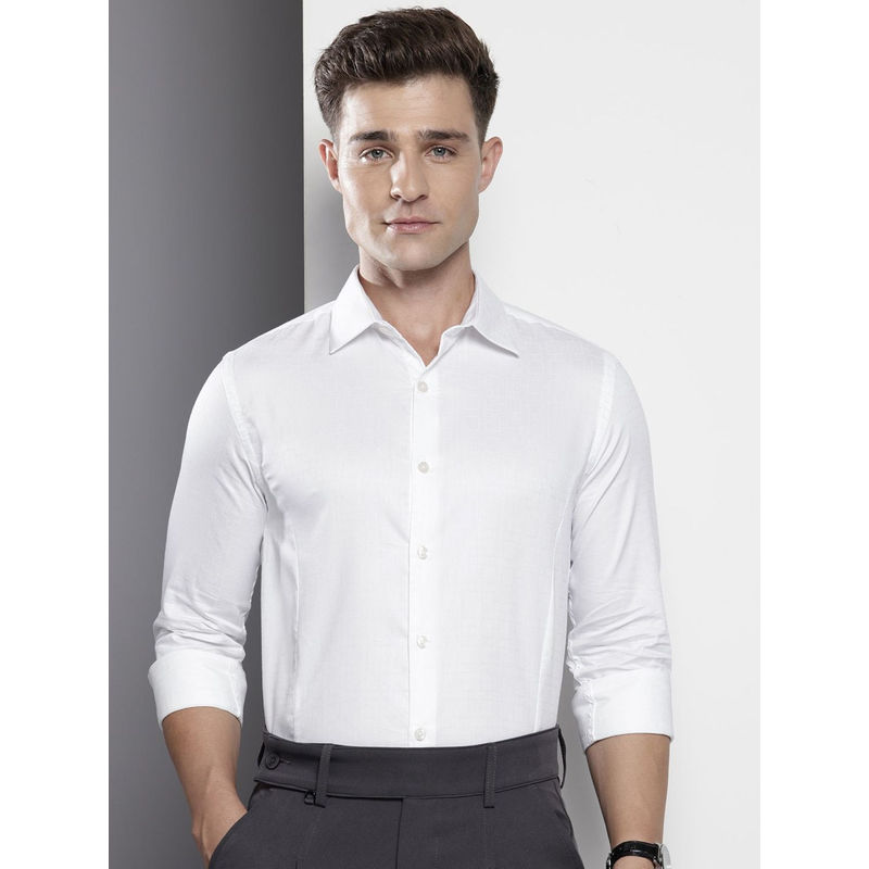 The Indian Garage Co Men Slim Fit White Printed Full Sleeves Cutaway Collar Shirt (S)