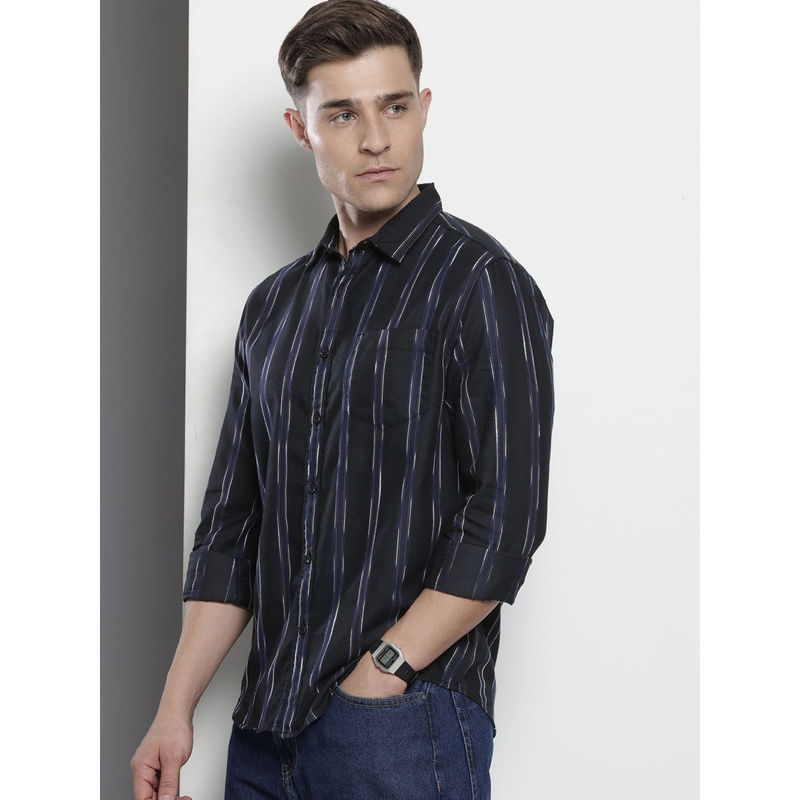 The Indian Garage Co Men Slim Fit Black Striped Full Sleeves Cutaway Collar Shirt (L)