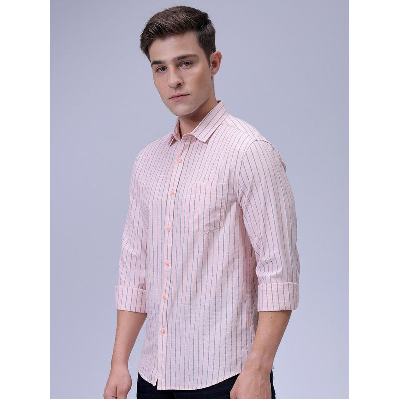 The Indian Garage Co Men Slim Fit Pink Striped Full Sleeves Cutaway Collar Casual Shirt (S)