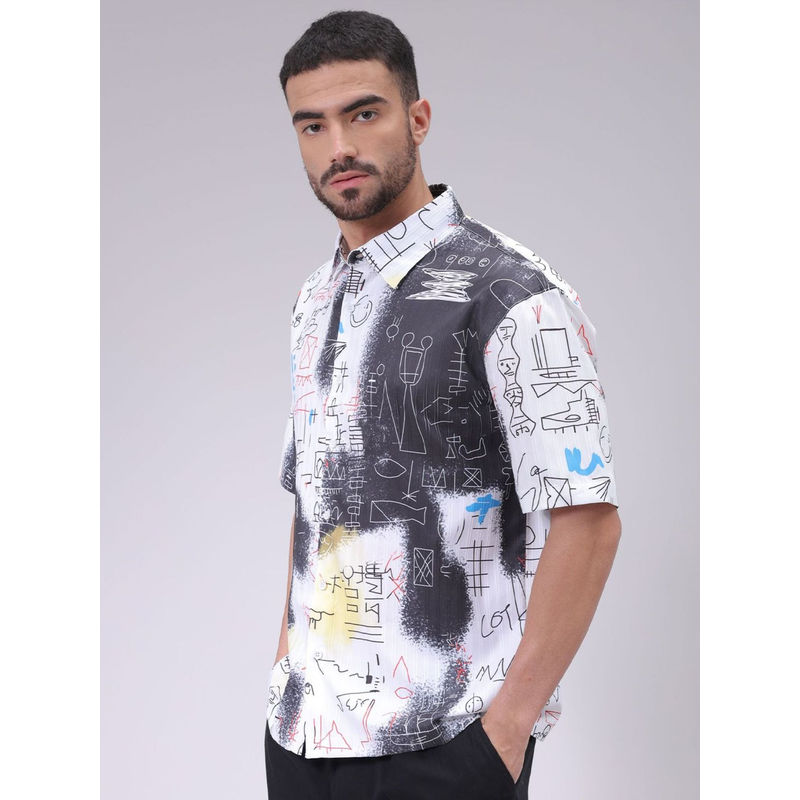 The Indian Garage Co Men Boxy Fit White Kidult Printed Half Sleeves Cutaway Collar Shirt (XL)
