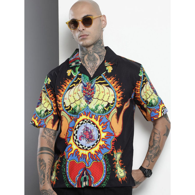 The Indian Garage Co Men Oversized Fit Black Kitch Printed Half Sleeves Cuban Collar Shirt (L)