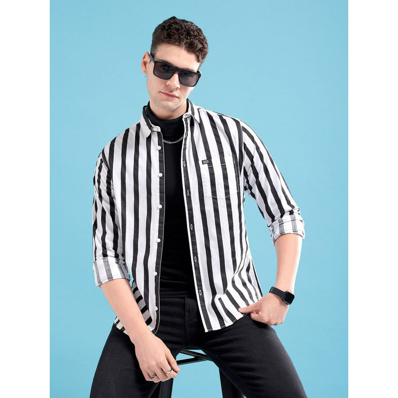 The Indian Garage Co Men Slim Fit Black Vertical Striped Full Sleeves Cutaway Collar Shirt (30)