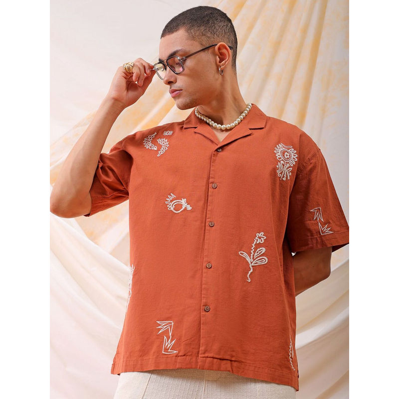 The Indian Garage Co Men Relaxed Fit Rust Embroidered Half Sleeves Cuban Collar Shirt (M)