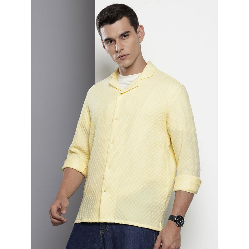 The Indian Garage Co Men Relaxed Fit Yellow Textured Full Sleeves Cuban Collar Shirt (L)
