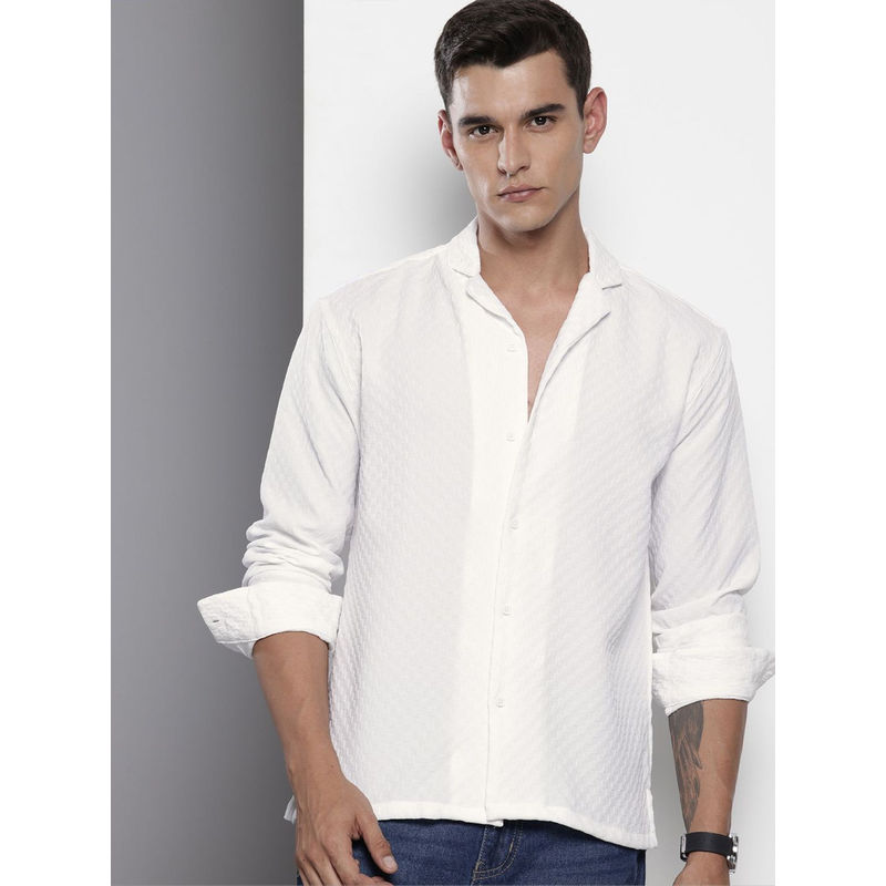 The Indian Garage Co Men Relaxed Fit White Textured Full Sleeves Cuban Collar Shirt (XL)