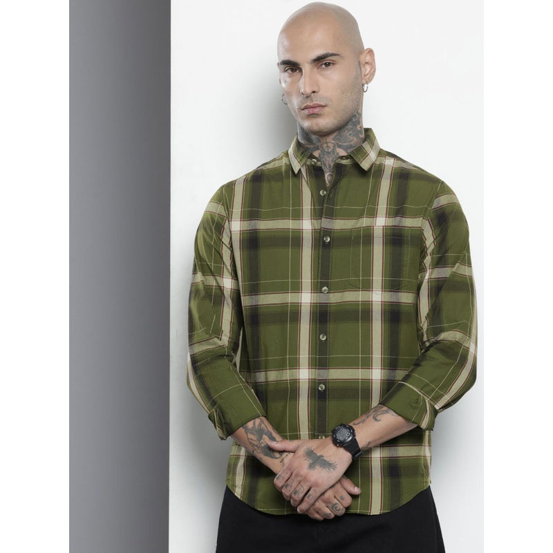 The Indian Garage Co Men Slim Fit Green Checked Full Sleeves Cutaway Collar Shirt (L)