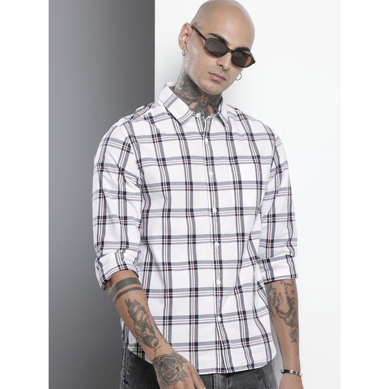 The Indian Garage Co Men Slim Fit White Checked Full Sleeves Cutaway Collar Shirt (S)