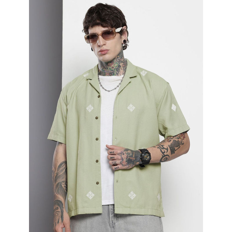 The Indian Garage Co Men Relaxed Fit Green Embroidered Half Sleeves Cuban Collar Shirt (L)
