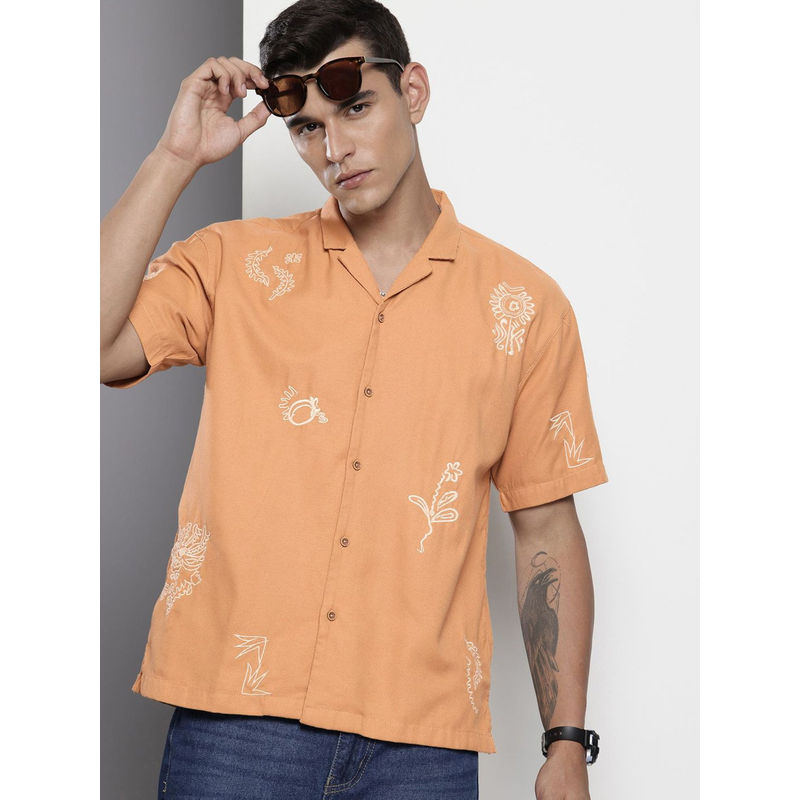 The Indian Garage Co Men Relaxed Fit Orange Embroidered Half Sleeves Cuban Collar Shirt (S)