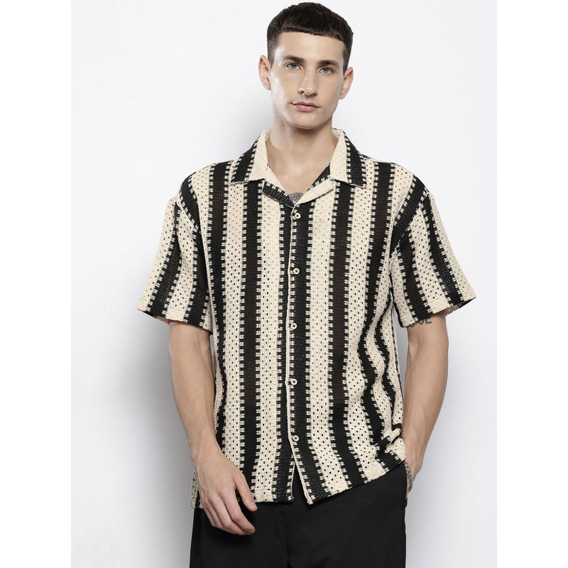 The Indian Garage Co Men Relaxed Fit Black Self Design Half Sleeves Cuban Collar Shirt (M)