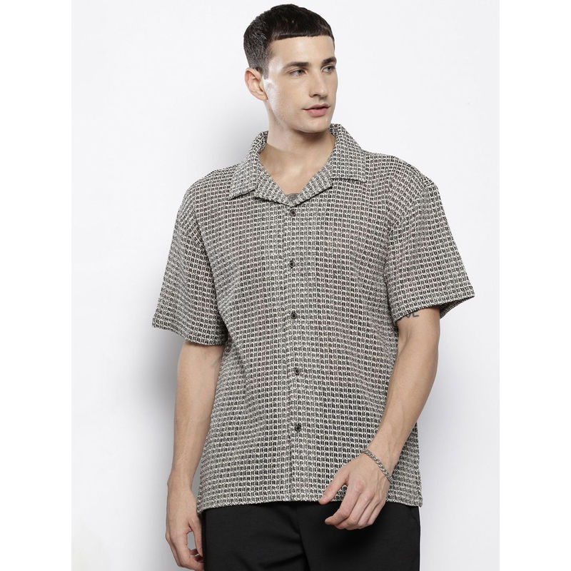 The Indian Garage Co Men Relaxed Fit Black Self Design Half Sleeves Cuban Collar Shirt (S)