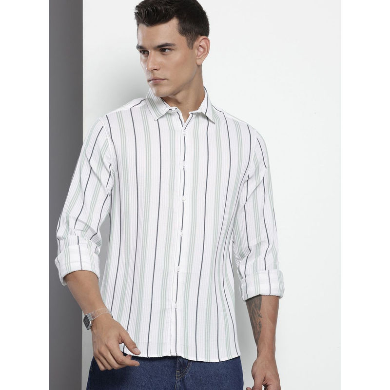 The Indian Garage Co Men Regular Fit White Striped Full Sleeves Cutaway Collar Shirt (S)