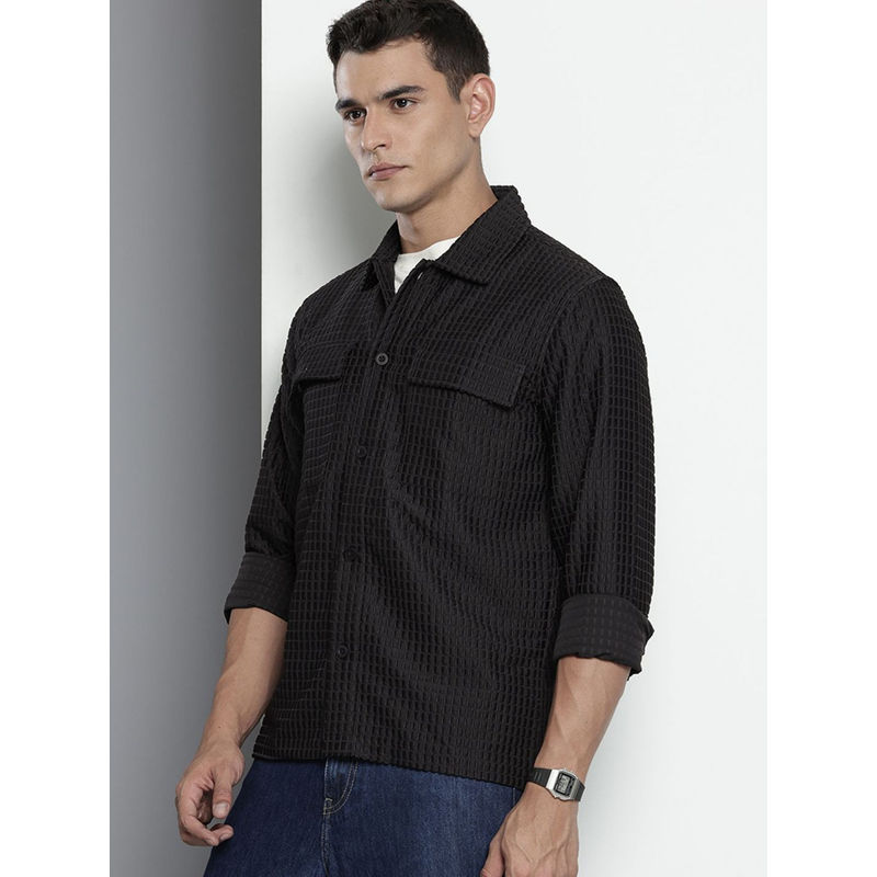 The Indian Garage Co Men Regular Fit Black Textured Full Sleeves Cutaway Collar Overshirt (S)