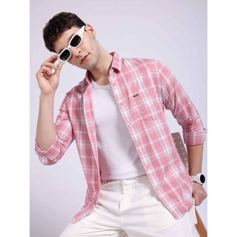 The Indian Garage Co Men Slim Fit Pink Checkered Full Sleeves Cutaway Collar Casual Shirt (XL)