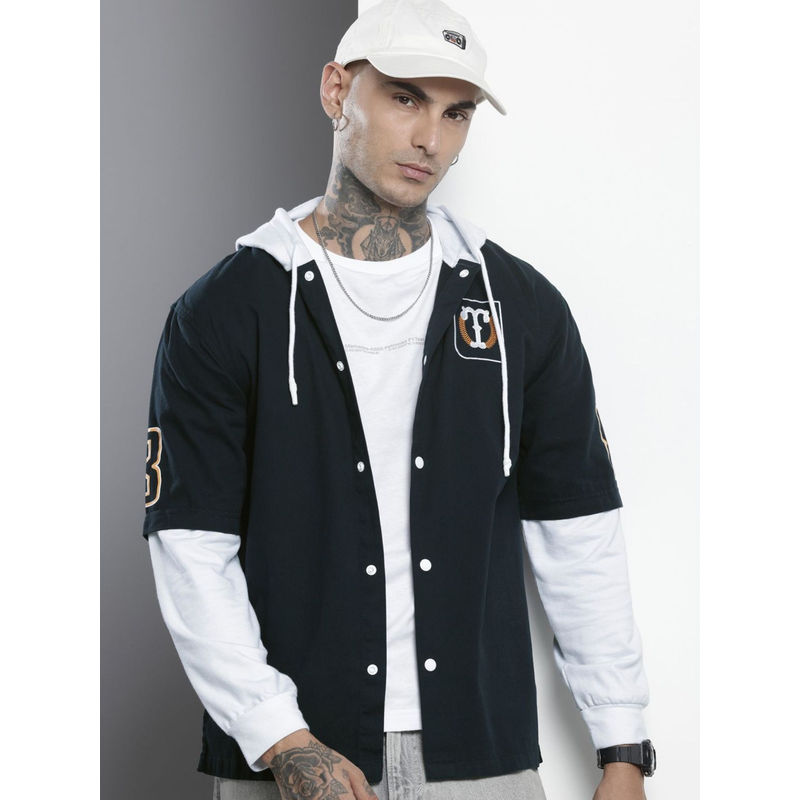 The Indian Garage Co Men Regular Fit Navy Blue Typography Full Sleeves Hooded Shirt (S)