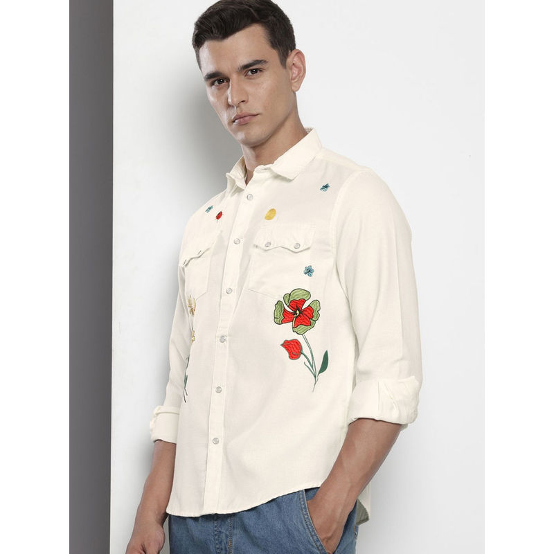 The Indian Garage Co Men Regular Fit White Floral Embroidered Full Sleeves Cutaway Collar Shirt (S)