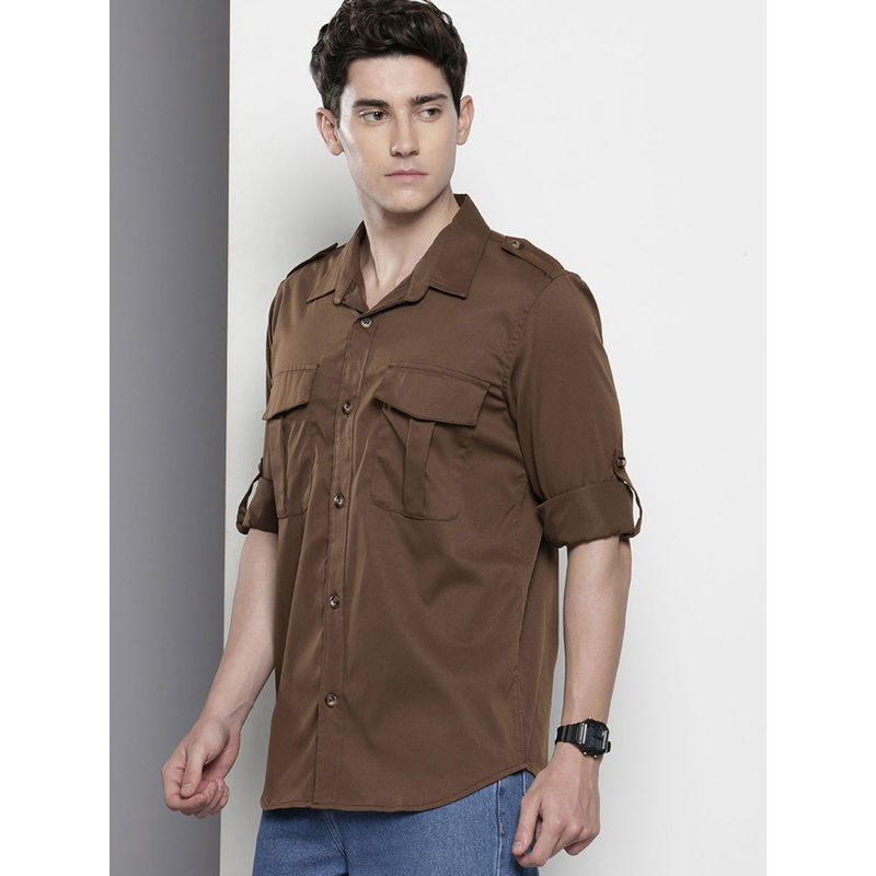 The Indian Garage Co Men Regular Fit Brown Solid Full Sleeves Cutaway Collar Shirt (L)