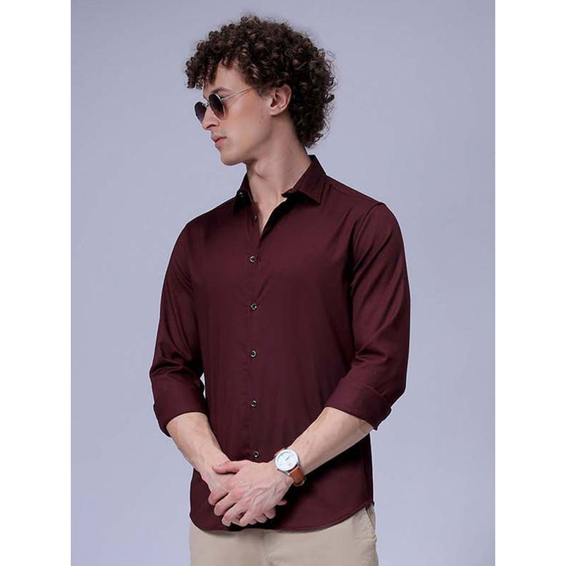 The Indian Garage Co Men Slim Fit Maroon Solid Full Sleeves Cutaway Collar Party Wear Shirt (M)
