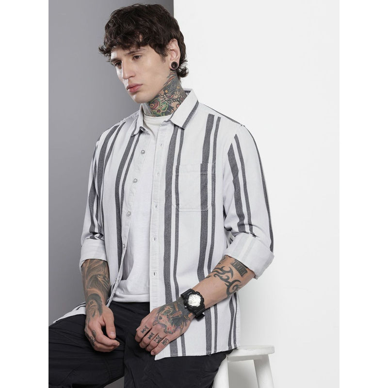 The Indian Garage Co Men Regular Fit White Stripes Full Sleeves Cutaway Collar Overshirt (S)