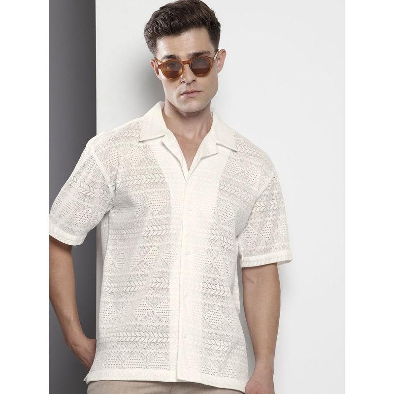 The Indian Garage Co Men Relaxed Fit White Self Design Half Sleeves Cuban Collar Shirt (M)