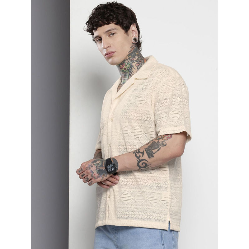 The Indian Garage Co Men Relaxed Fit Beige Self Design Half Sleeves Cuban Collar Shirt (S)