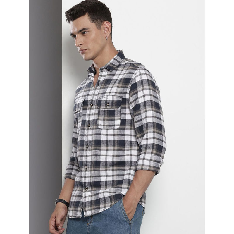 The Indian Garage Co Men Slim Fit Black Checked Full Sleeves Cutaway Collar Shirt (S)