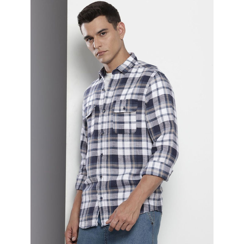 The Indian Garage Co Men Slim Fit Navy Blue Checked Full Sleeves Cutaway Collar Shirt (S)