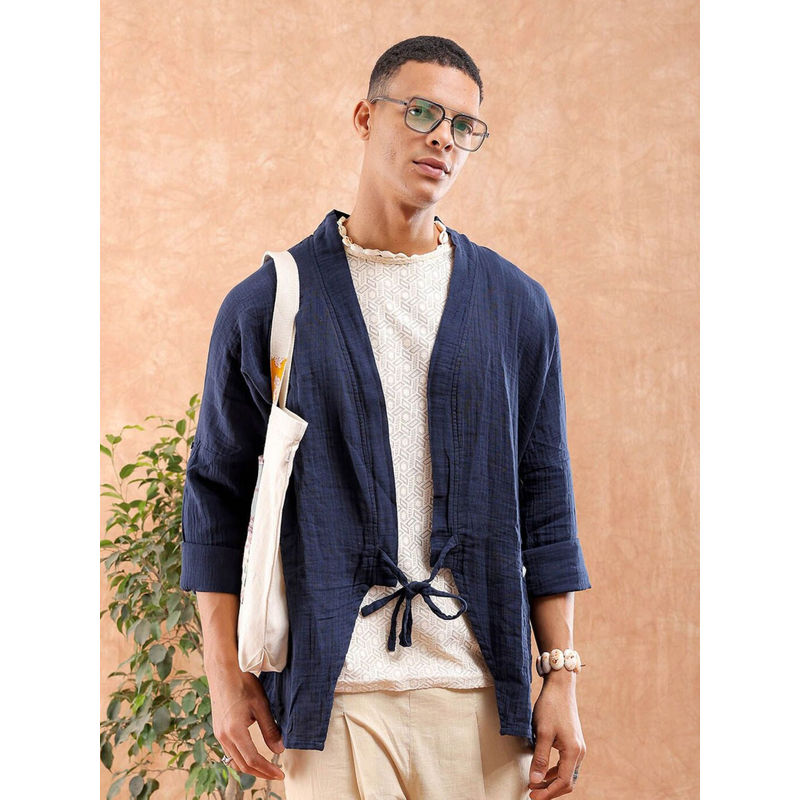 The Indian Garage Co Men Boxy Fit Navy Blue Solid Full Sleeves Shawl Collar Shrug (M)