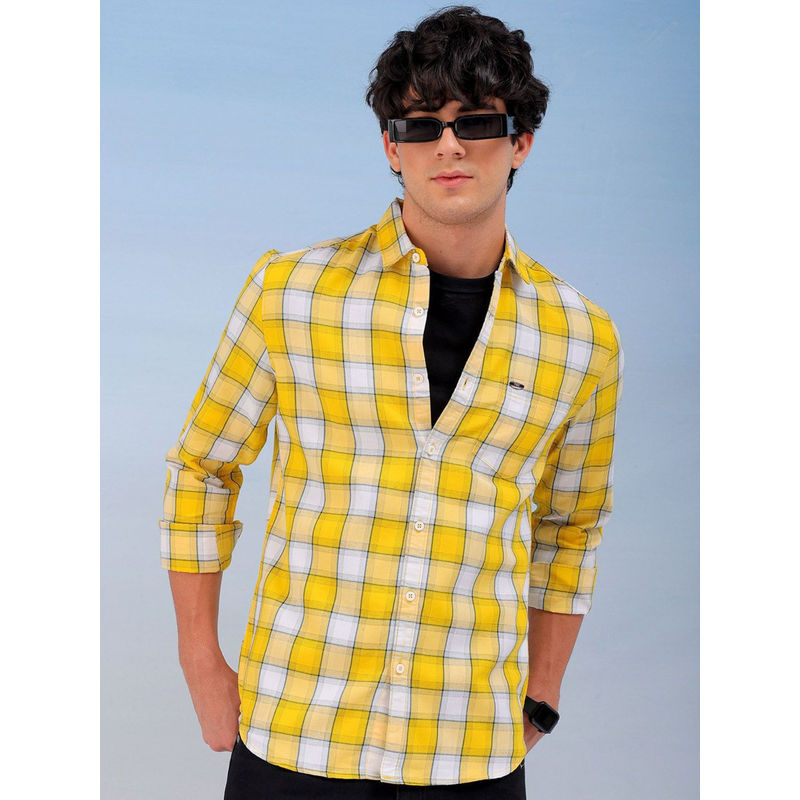 The Indian Garage Co Men Slim Fit Yellow Checkered Full Sleeves Cutaway Collar Casual Shirt (M)