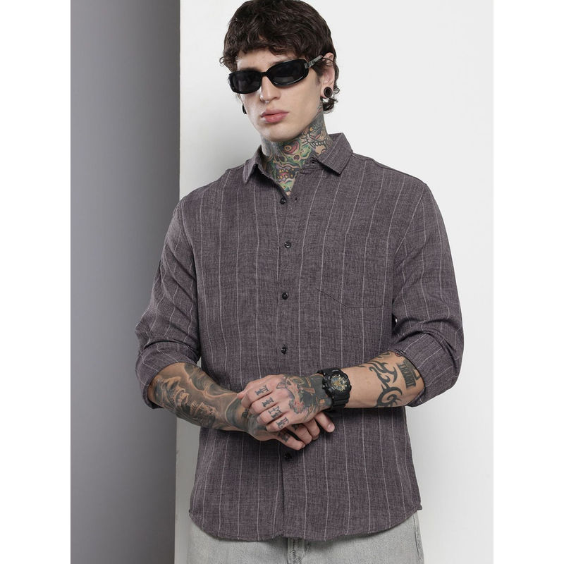The Indian Garage Co Men Slim Fit Grey Vertical Striped Full Sleeves Cutaway Collar Shirt (L)
