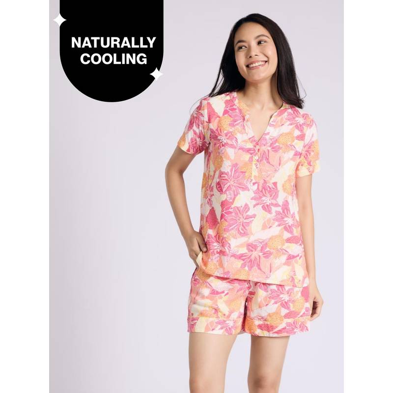 Breezy Rayon Shorts Coord Set With Flattering High Low Hem Top Nys930 Pink Floral (XL)