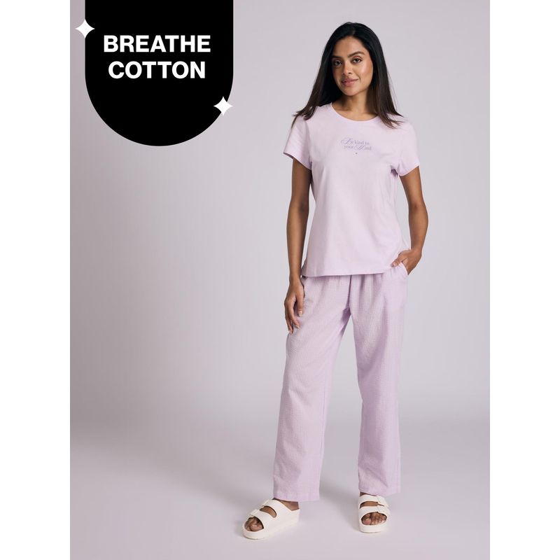 Essential Cotton Pyjama Coord Set With Crew Neck Cotton Knit Tee Nys943 Lavender Seer (2XL)