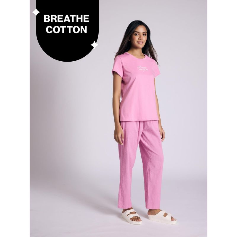 Essential Cotton Pyjama Coord Set With Crew Neck Cotton Knit Tee Nys943 Pink Seer (2XL)