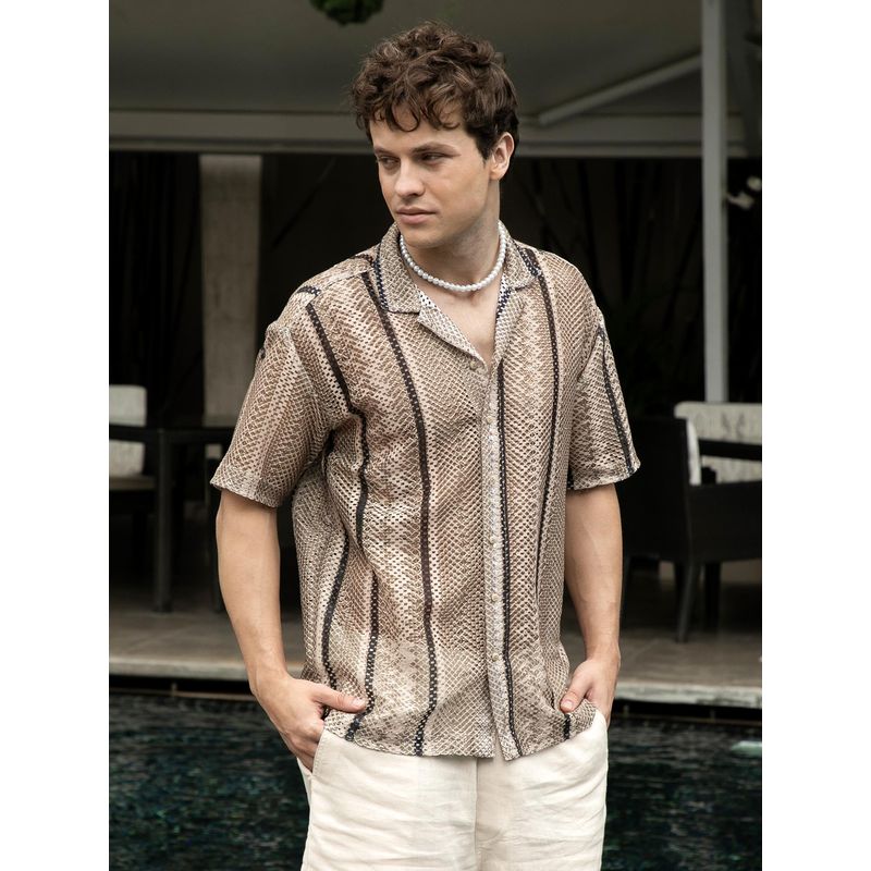 CAHOOT Men Sand Beige Striped Knit Oversized Shirt (M)